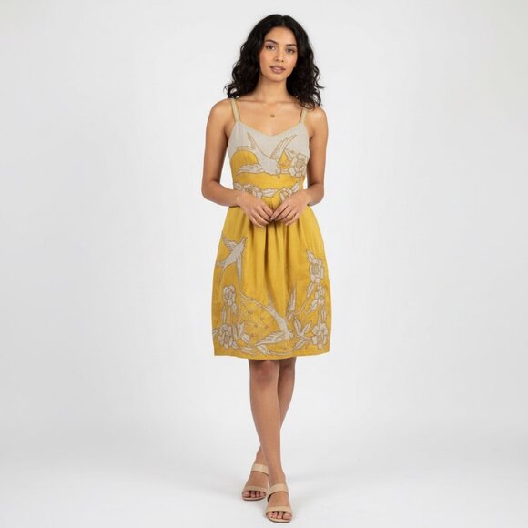 Yoana Baraschi Yellow Silk Sz 10 Sundress Bird & Floral Embroidery Boho Fairy - Picture 1 of 12